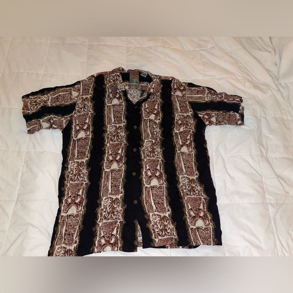 Black & Brown Tiki Men Patterned Shirt by Pineapple Connection Size Medium